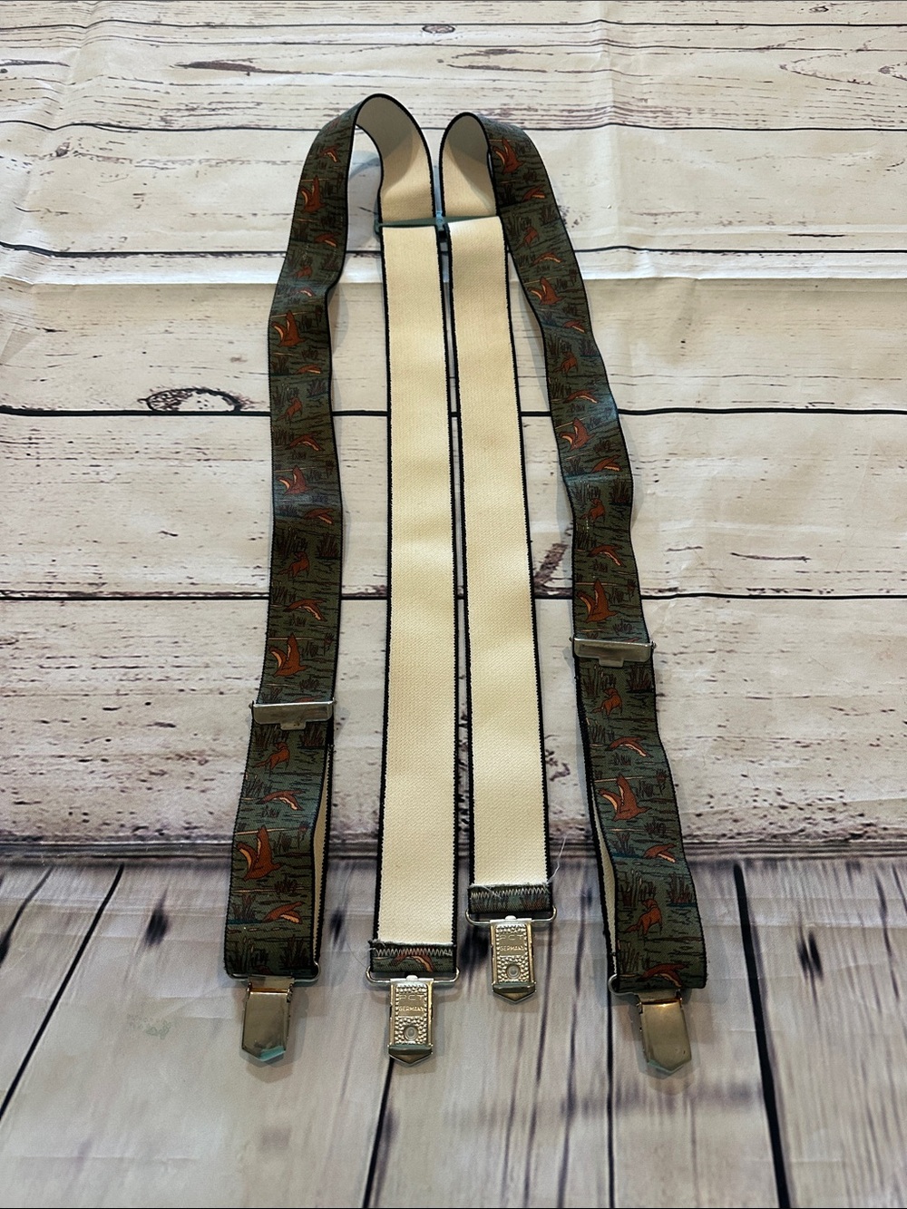 Men's Olive Green Duck Hunt Patterned Suspenders with Cream Back Panel
